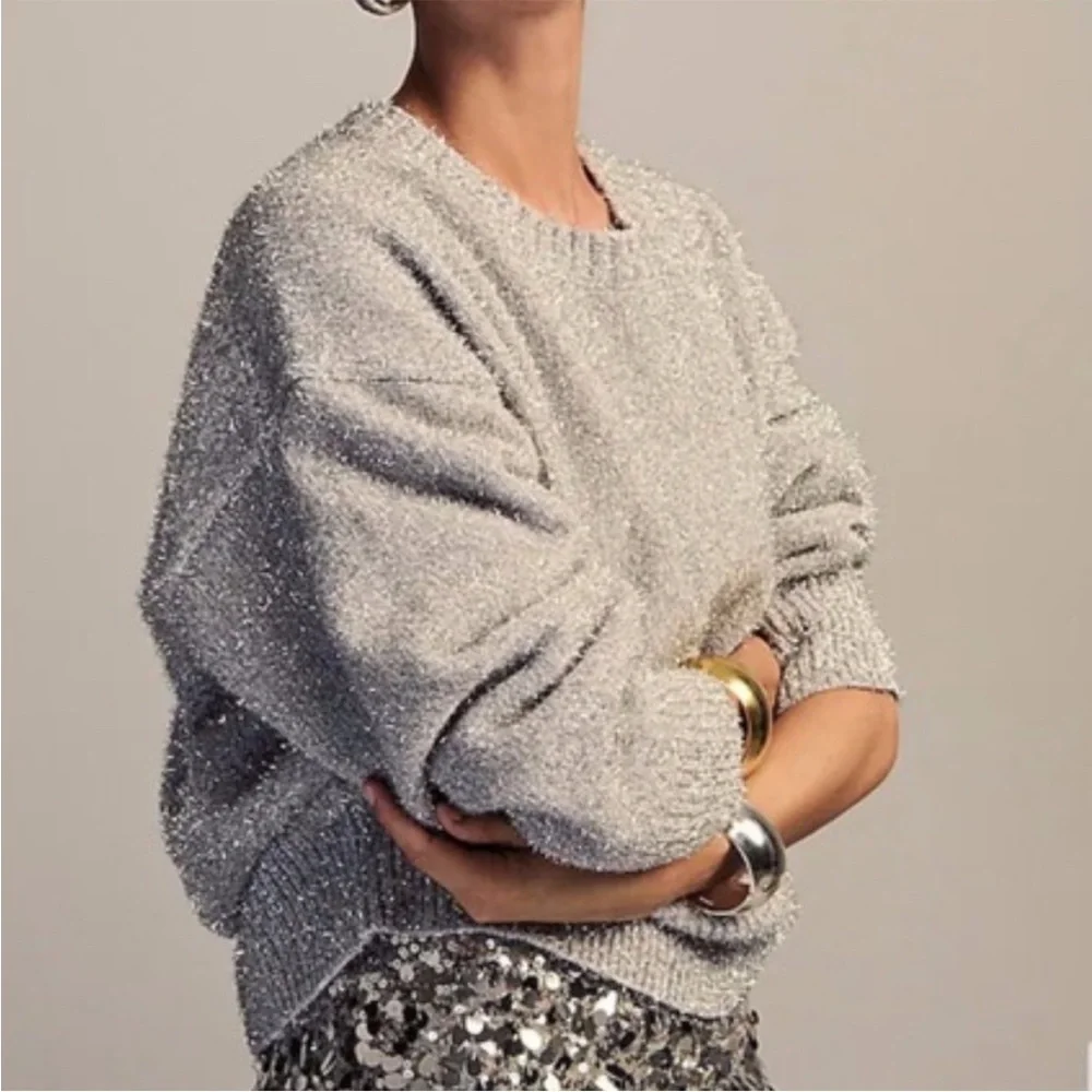 J.Crew Relaxed Crewneck Sweater in Metallic Brushed Yarn Silver New YearvSmall